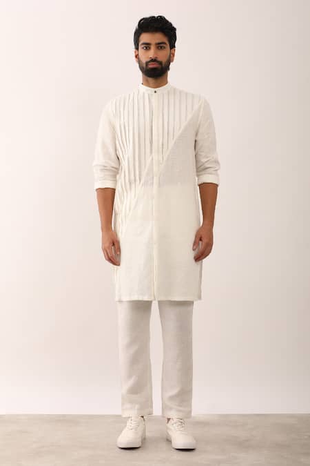 Buy_Son Of A Noble Snob_White 100% Linen Aarav Solid Textured Straight Kurta And Trouser Set _Online_at_Aza_Fashions