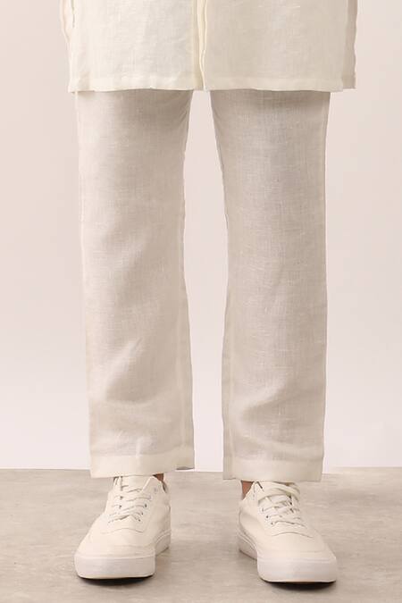 Son Of A Noble Snob_White 100% Linen Aarav Solid Textured Straight Kurta And Trouser Set _at_Aza_Fashions