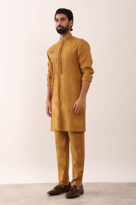 Son Of A Noble Snob_Yellow 100% Linen Aarav Pleated Kurta And Trouser Set _Online_at_Aza_Fashions