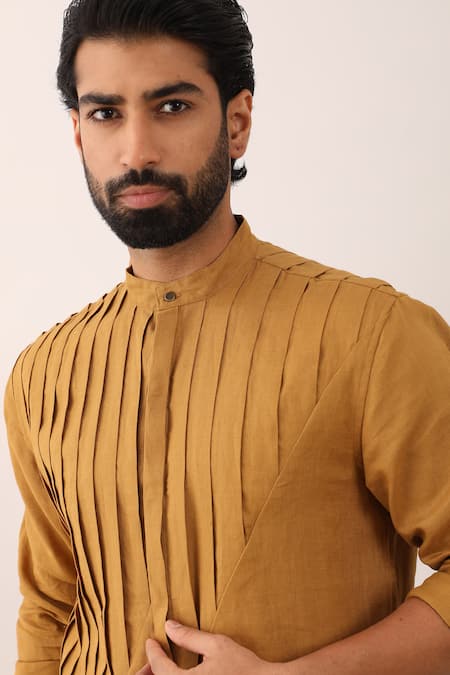 Buy_Son Of A Noble Snob_Yellow 100% Linen Aarav Pleated Kurta And Trouser Set _Online_at_Aza_Fashions