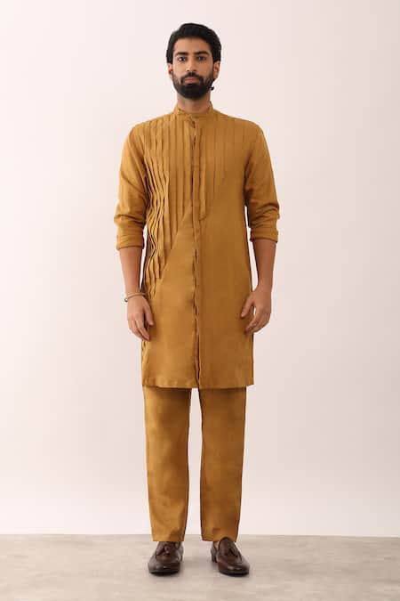 Shop_Son Of A Noble Snob_Yellow 100% Linen Aarav Pleated Kurta And Trouser Set _Online_at_Aza_Fashions