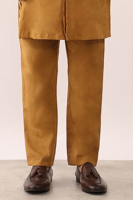 Son Of A Noble Snob_Yellow 100% Linen Aarav Pleated Kurta And Trouser Set _at_Aza_Fashions