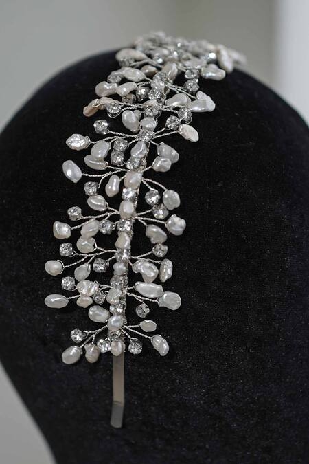 Shop Floristaa By Mahek Silver Beads Alvira Pearl Embellished Hairband at Aza Fashions Shop_Floristaa By Mahek_Silver Beads Alvira Pearl Embellished Hairband_at_Aza_Fashions
