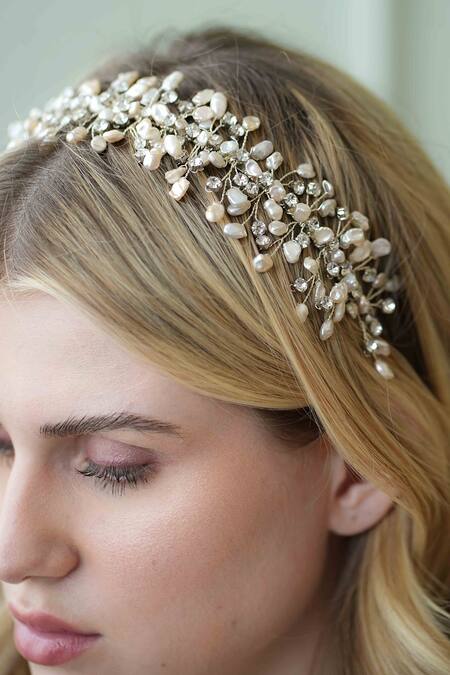 Floristaa By Mahek Silver Beads Alvira Pearl Embellished Hairband Online at Aza Fashions Floristaa By Mahek_Silver Beads Alvira Pearl Embellished Hairband_Online_at_Aza_Fashions