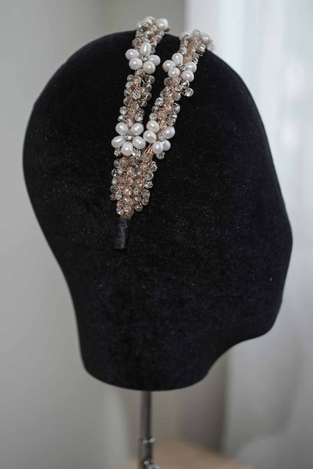 Shop Floristaa By Mahek Gold Pearls, Crystals Amaira Floral Cluster Embellished Hairband at Aza Fashions Shop_Floristaa By Mahek_Gold Pearls, Crystals Amaira Floral Cluster Embellished Hairband _at_Aza_Fashions