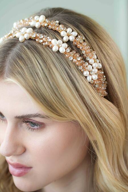 Floristaa By Mahek Gold Pearls, Crystals Amaira Floral Cluster Embellished Hairband Online at Aza Fashions Floristaa By Mahek_Gold Pearls, Crystals Amaira Floral Cluster Embellished Hairband _Online_at_Aza_Fashions