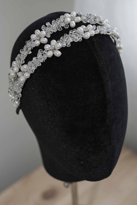 Shop Floristaa By Mahek Silver Beads, Embroidery Amaira Floral Cluster Embellished Hairband at Aza Fashions Shop_Floristaa By Mahek_Silver Beads, Embroidery Amaira Floral Cluster Embellished Hairband _at_Aza_Fashions