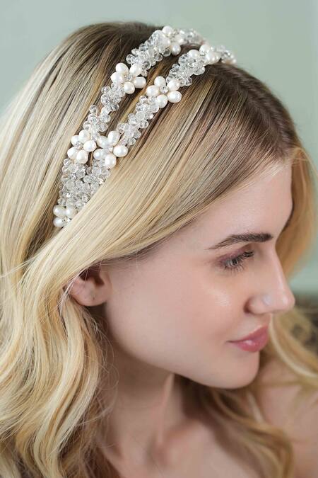 Floristaa By Mahek Silver Beads, Embroidery Amaira Floral Cluster Embellished Hairband Online at Aza Fashions Floristaa By Mahek_Silver Beads, Embroidery Amaira Floral Cluster Embellished Hairband _Online_at_Aza_Fashions