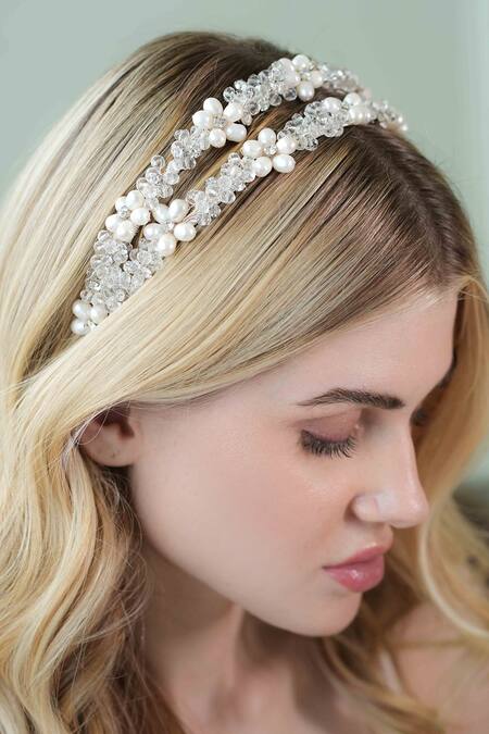 Buy Floristaa By Mahek Silver Beads, Embroidery Amaira Floral Cluster Embellished Hairband Online at Aza Fashions Buy_Floristaa By Mahek_Silver Beads, Embroidery Amaira Floral Cluster Embellished Hairband _Online_at_Aza_Fashions