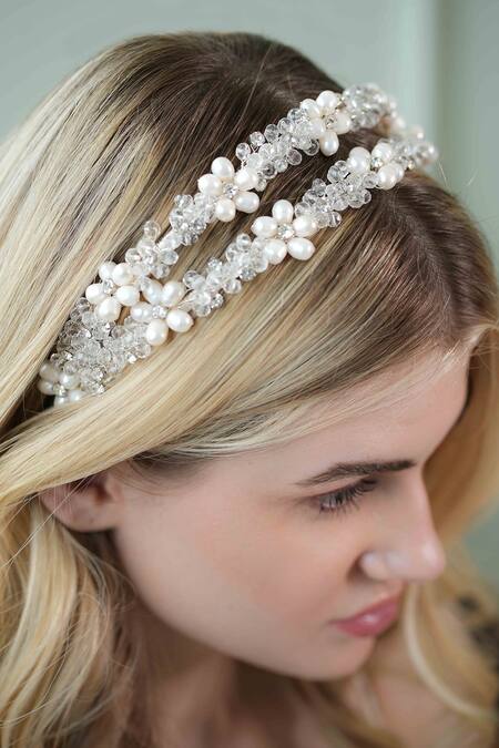 Shop Floristaa By Mahek Silver Beads, Embroidery Amaira Floral Cluster Embellished Hairband Online at Aza Fashions Shop_Floristaa By Mahek_Silver Beads, Embroidery Amaira Floral Cluster Embellished Hairband _Online_at_Aza_Fashions