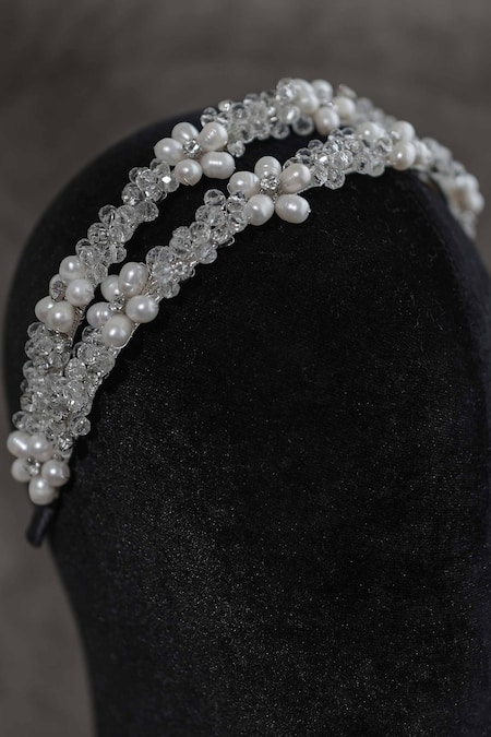 Floristaa By Mahek Silver Beads, Embroidery Amaira Floral Cluster Embellished Hairband at Aza Fashions Floristaa By Mahek_Silver Beads, Embroidery Amaira Floral Cluster Embellished Hairband _at_Aza_Fashions