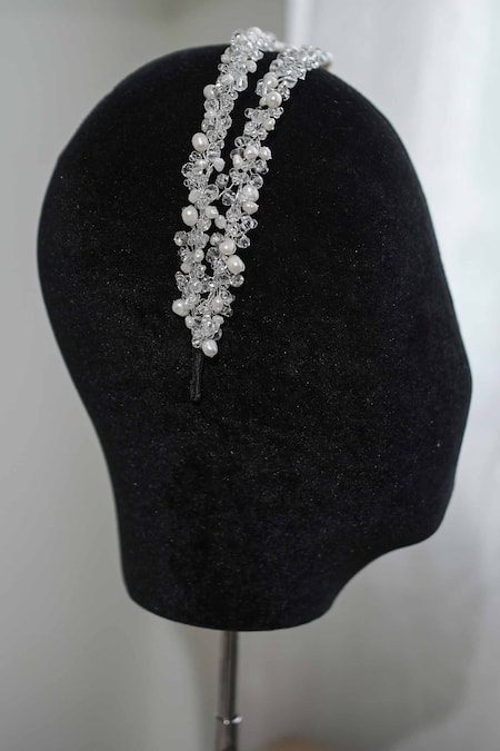 Shop Floristaa By Mahek Silver Beads, Embroidery Austin Crystal Embellished Hairband at Aza Fashions Shop_Floristaa By Mahek_Silver Beads, Embroidery Austin Crystal Embellished Hairband _at_Aza_Fashions