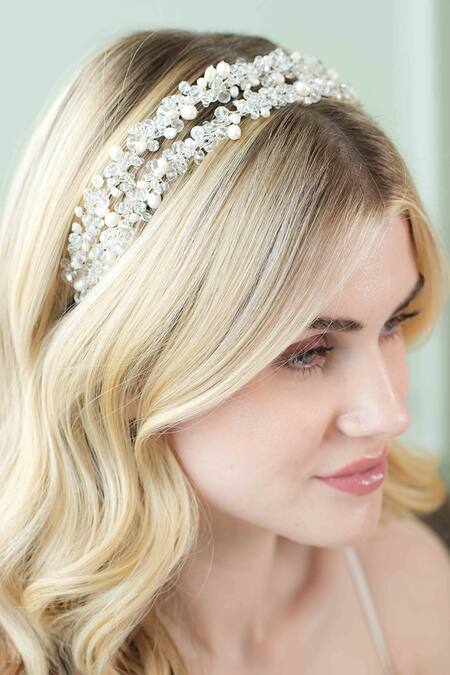 Floristaa By Mahek Silver Beads, Embroidery Austin Crystal Embellished Hairband Online at Aza Fashions Floristaa By Mahek_Silver Beads, Embroidery Austin Crystal Embellished Hairband _Online_at_Aza_Fashions