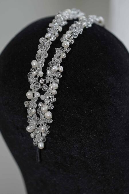 Shop Floristaa By Mahek Silver Beads, Embroidery Austin Crystal Embellished Hairband Online at Aza Fashions Shop_Floristaa By Mahek_Silver Beads, Embroidery Austin Crystal Embellished Hairband _Online_at_Aza_Fashions
