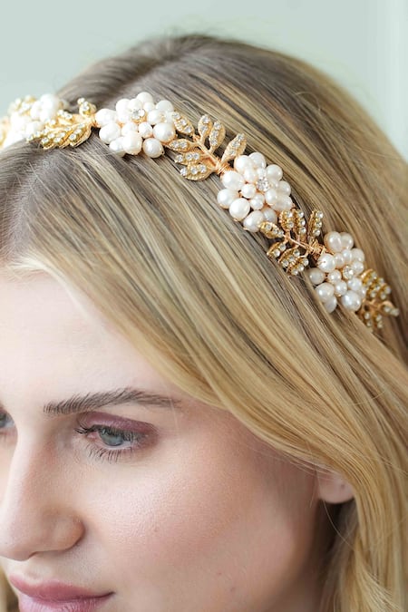 Floristaa By Mahek Gold Pearls, Rhinestones Belle Floral Embellished Hairband Online at Aza Fashions Floristaa By Mahek_Gold Pearls, Rhinestones Belle Floral Embellished Hairband _Online_at_Aza_Fashions