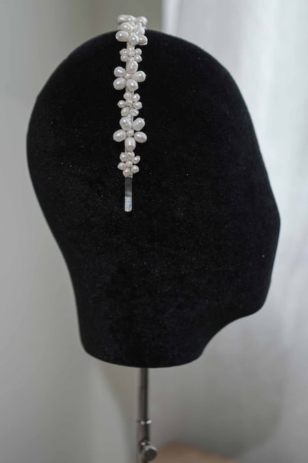 Shop Floristaa By Mahek White Beads, Embroidery Candance Pearl Cluster Hairband at Aza Fashions Shop_Floristaa By Mahek_White Beads, Embroidery Candance Pearl Cluster Hairband _at_Aza_Fashions