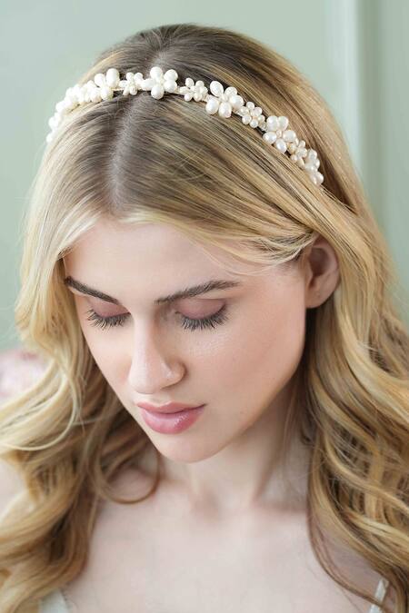 Floristaa By Mahek White Beads, Embroidery Candance Pearl Cluster Hairband Online at Aza Fashions Floristaa By Mahek_White Beads, Embroidery Candance Pearl Cluster Hairband _Online_at_Aza_Fashions