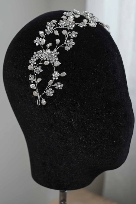 Shop Floristaa By Mahek Silver Beads Delmar Rhinestone Embellished Hairband at Aza Fashions Shop_Floristaa By Mahek_Silver Beads Delmar Rhinestone Embellished Hairband _at_Aza_Fashions