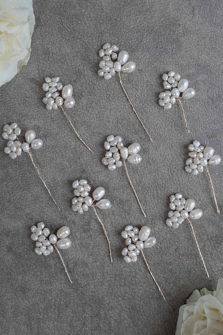 Floristaa By Mahek Drea Pearl Cluster Hairpins- Set of 10 