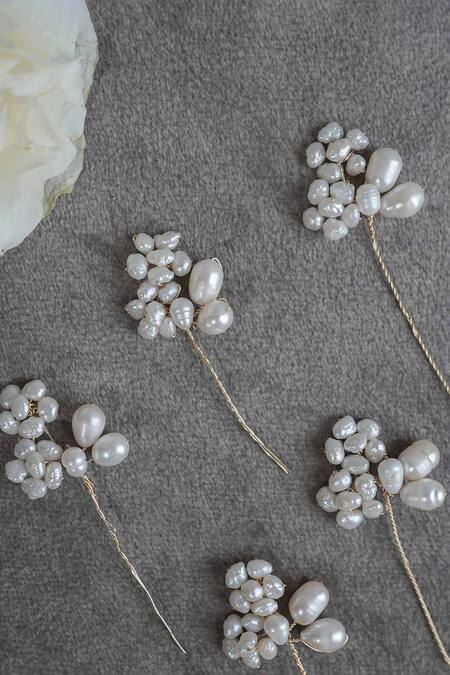 Floristaa By Mahek_White Pearls, Crystals Drea Cluster Hairpins- Set Of 10 _Online_at_Aza_Fashions