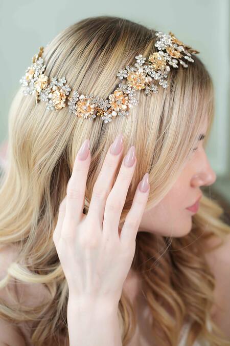 Floristaa By Mahek_Gold Rhinestones, Pearls Faith Studded Hairband _Online_at_Aza_Fashions