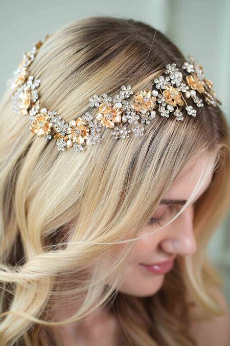 Buy_Floristaa By Mahek_Gold Rhinestones, Pearls Faith Studded Hairband _Online_at_Aza_Fashions