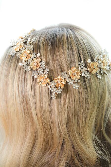 Shop_Floristaa By Mahek_Gold Rhinestones, Pearls Faith Studded Hairband _Online_at_Aza_Fashions