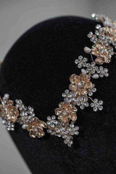 Floristaa By Mahek_Gold Rhinestones, Pearls Faith Studded Hairband _at_Aza_Fashions