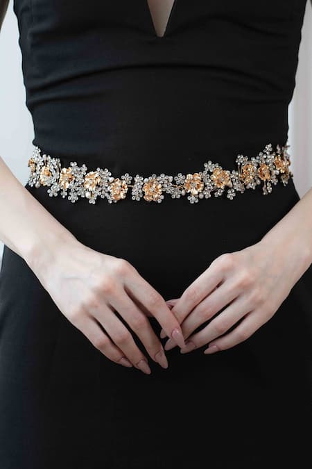 Floristaa By Mahek_Gold Crystals, Pearls, Rhinestones Faith Cluster Embellished Waist Belt _Online_at_Aza_Fashions
