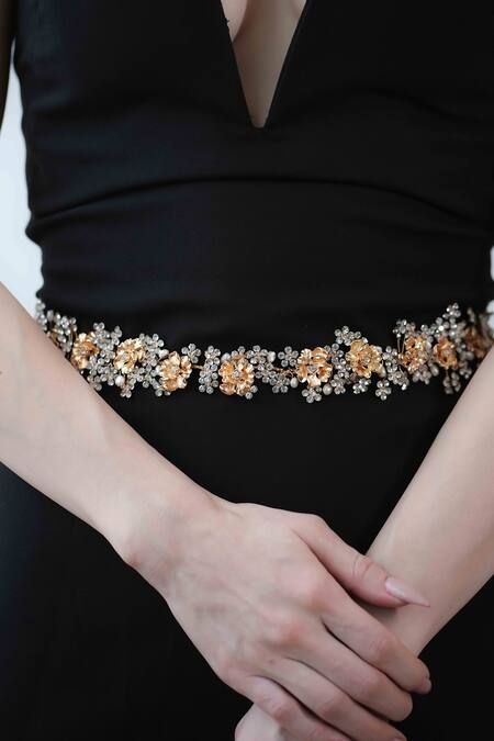 Buy_Floristaa By Mahek_Gold Crystals, Pearls, Rhinestones Faith Cluster Embellished Waist Belt _Online_at_Aza_Fashions