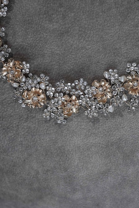 Shop_Floristaa By Mahek_Gold Crystals, Pearls, Rhinestones Faith Cluster Embellished Waist Belt _Online_at_Aza_Fashions