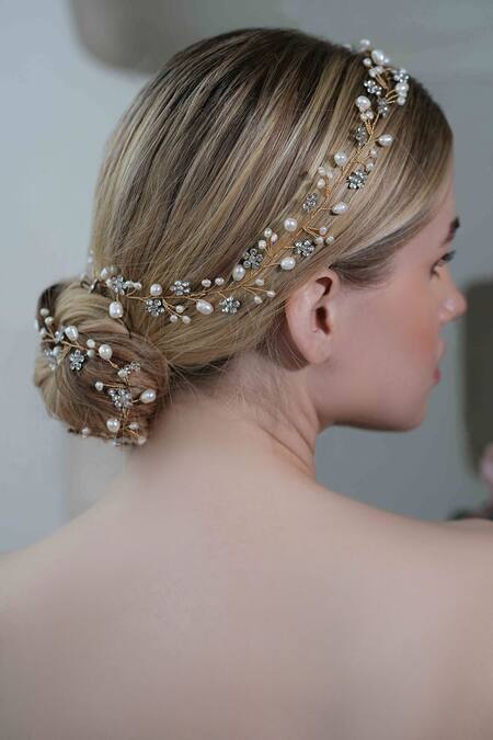 Floristaa By Mahek_Silver Beads, Pearls Justine Floral Hair Chain Single Pc _Online_at_Aza_Fashions