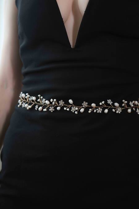 Buy_Floristaa By Mahek_Gold Crystals, Pearls Justine Floral Belt Single Pc _Online_at_Aza_Fashions