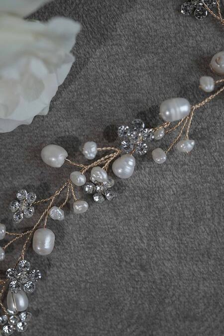 Shop_Floristaa By Mahek_Gold Crystals, Pearls Justine Floral Belt Single Pc _Online_at_Aza_Fashions