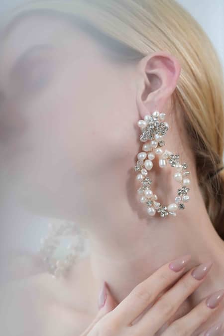 Floristaa By Mahek Silver Plated Pearls, Crystals Kiara Floral Pattern Embedded Earrings Online at Aza Fashions Floristaa By Mahek_Silver Plated Pearls, Crystals Kiara Floral Pattern Embedded Earrings _Online_at_Aza_Fashions