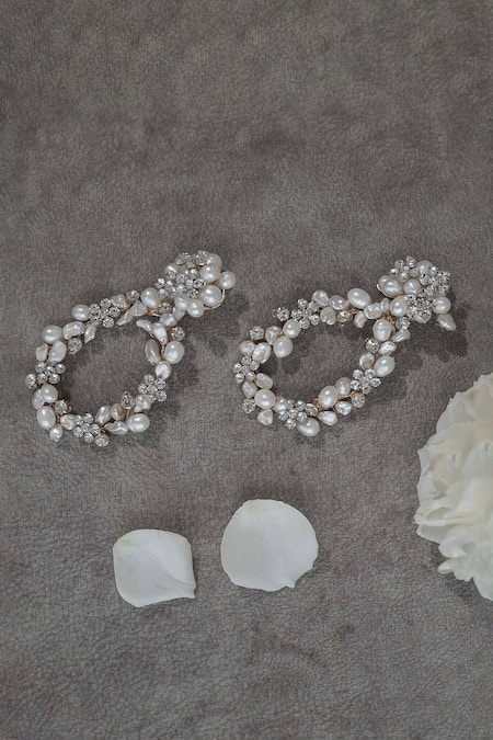 Shop Floristaa By Mahek Silver Plated Pearls, Crystals Kiara Floral Pattern Embedded Earrings Online at Aza Fashions Shop_Floristaa By Mahek_Silver Plated Pearls, Crystals Kiara Floral Pattern Embedded Earrings _Online_at_Aza_Fashions