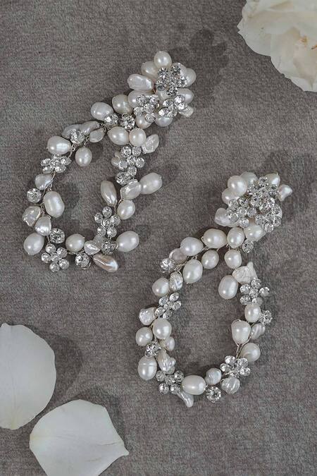 Floristaa By Mahek Silver Plated Pearls, Crystals Kiara Floral Pattern Embedded Earrings at Aza Fashions Floristaa By Mahek_Silver Plated Pearls, Crystals Kiara Floral Pattern Embedded Earrings _at_Aza_Fashions
