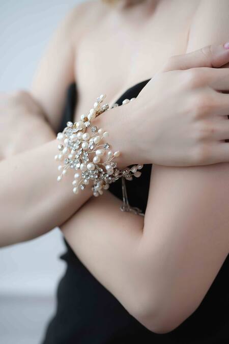 Floristaa By Mahek Silver Plated Pearls, Stones Nicci Embellished Bracelet Online at Aza Fashions Floristaa By Mahek_Silver Plated Pearls, Stones Nicci Embellished Bracelet _Online_at_Aza_Fashions