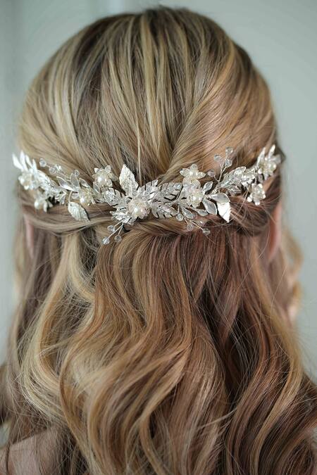 Buy_Floristaa By Mahek_Silver Pearls Radiance Floral Vine Embellished Hair Comb _Online_at_Aza_Fashions
