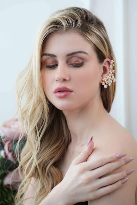 Floristaa By Mahek_White Beads, Pearls Valencia Embellished Ear Cuffs Set Of 2 _Online_at_Aza_Fashions