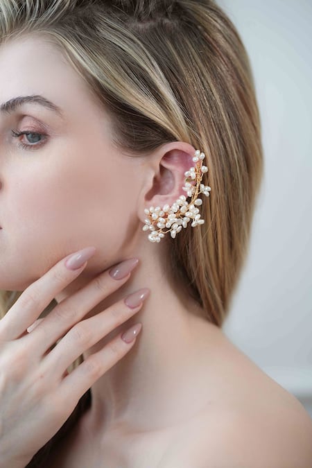 Buy_Floristaa By Mahek_White Beads, Pearls Valencia Embellished Ear Cuffs Set Of 2 _Online_at_Aza_Fashions