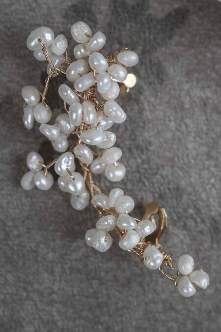 Shop_Floristaa By Mahek_White Beads, Pearls Valencia Embellished Ear Cuffs Set Of 2 _Online_at_Aza_Fashions