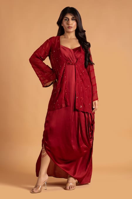KRINA PATEL Red Bamberg Satin Embroidery Sequin Gown V Cowl Draped With Jacket 
