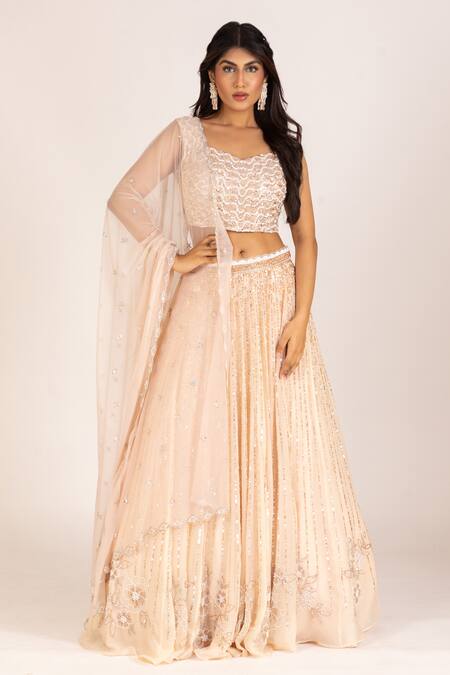 Krina Patel_Cream Organza, Net, Tussar Cut Work, Sequins V-neck Lehenga Set_Online_at_Aza_Fashions