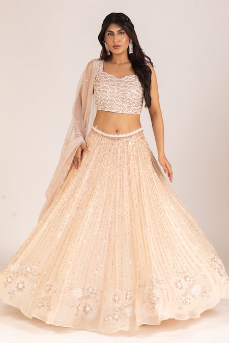 Buy_Krina Patel_Cream Organza, Net, Tussar Cut Work, Sequins V-neck Lehenga Set_Online_at_Aza_Fashions