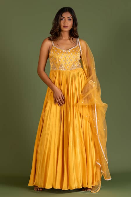 KRINA PATEL Yellow Linen Satin Embroidery Sequin V Neck Geometric Anarkali With Dupatta 