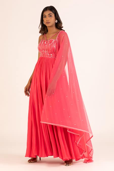 Krina Patel_Pink Net, Crepe, Linen Sequins, Swirl Embellished Pleated Gown With Dupatta_Online_at_Aza_Fashions