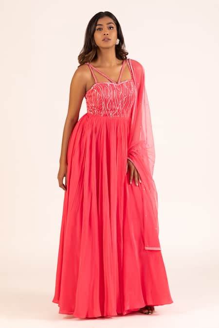 Buy_Krina Patel_Pink Net, Crepe, Linen Sequins, Swirl Embellished Pleated Gown With Dupatta_Online_at_Aza_Fashions