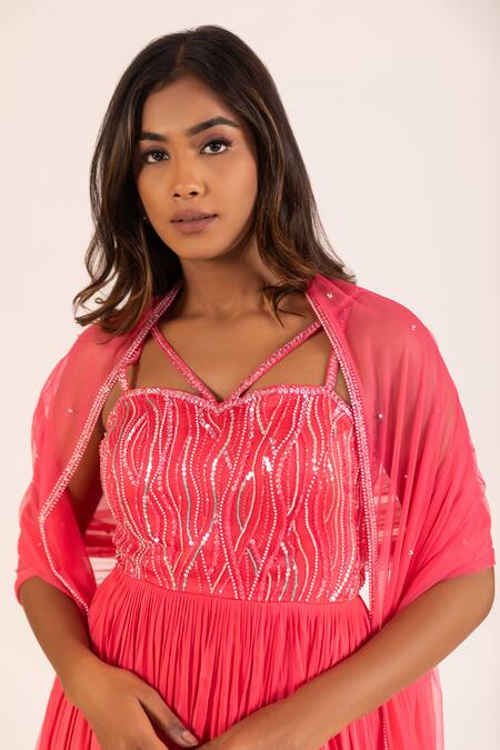 Shop_Krina Patel_Pink Net, Crepe, Linen Sequins, Swirl Embellished Pleated Gown With Dupatta_Online_at_Aza_Fashions