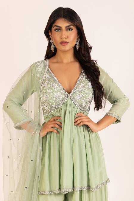 Krina Patel Green Net, Crepe, Linen Lily Bloom Embroidered Aliya Cut Kurta Sharara Set Online at Aza Fashions Krina Patel_Green Net, Crepe, Linen Lily Bloom Embroidered Aliya Cut Kurta Sharara Set_Online_at_Aza_Fashions